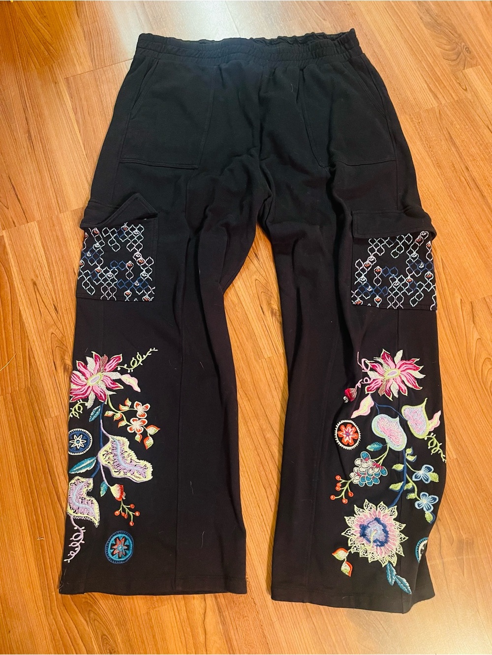 Johnny Was Black Wide-Leg Pants with Multicolor Floral Embroidery